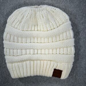 C.C. Cream Beanie Hat Winter Ponytail Hole Ribbed Knit